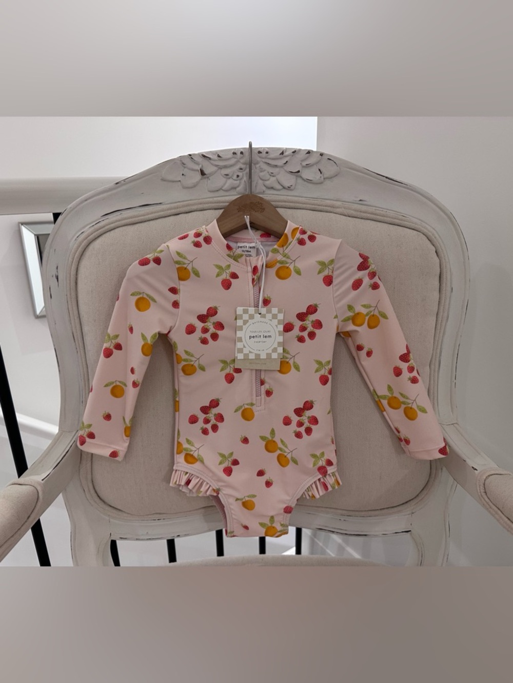 🍓 6-12 Mth Petit Lem Pink Strawberry & Lemon Print Long Sleeve Swimsuit NWT